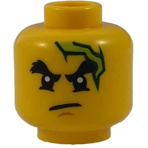Lego Minifig Head Cole, Dual Sided, Bushy Eyebrows, Chin Dimple, Lightning Bolt, Scowl / Open Mouth with Teeth Print [Hollow Stud] / Yellow