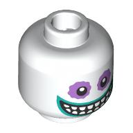 Lego Minifig Head Barrel, Lavender Eyeshadow, Dark Turquoise Lips, Teeth, Big Grin, Closed Mouth / White