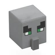 Minifig Head Special, Cube with Nose and Villager Face with Green Eyes Print / Light Bluish Gray