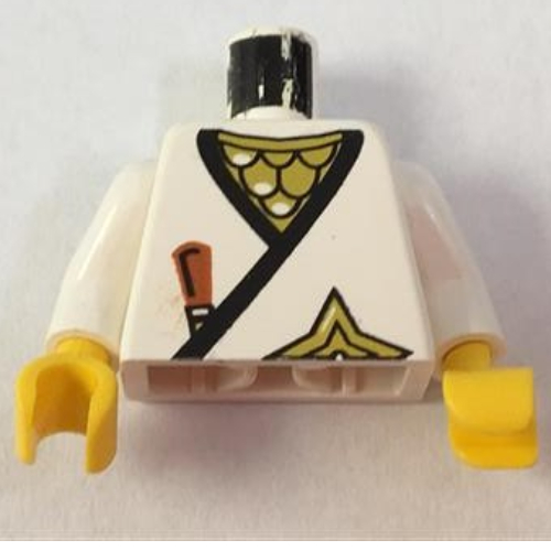 Lego Torso Wrap, Brown Dagger, Gold Star, Gold Scale Mail Print, White Arms, Yellow Hands / White