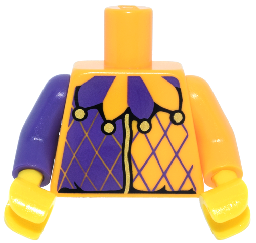 Lego Torso Purple and Bright Light Orange Jester Collar Pattern / Bright Light Orange Arm Left / Dark Purple Arm Right / Yellow Hands
