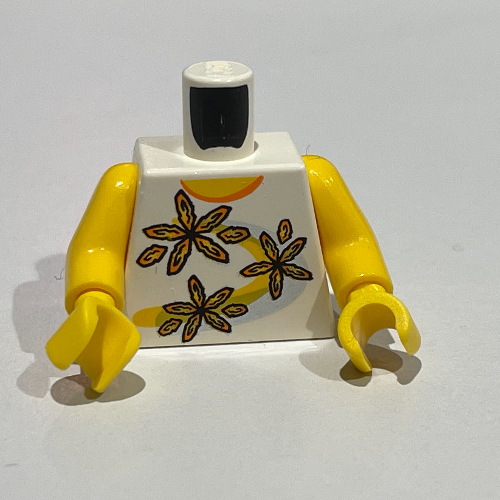 Lego Torso Shirt 3 Flowers over Yellow and Silver Stripe / '2011 The LEGO Store Alderwood Mall, Lynnwood, WA' on Back Print, Yellow Arms and Hands / White