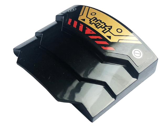 Lego Wedge 4 x 3 Stepped No Studs with Black Lines, Rings, and Triangles, Silver Screws, Red Danger Stripes, and Gold Armor Pattern (Sticker) - Set 71775
