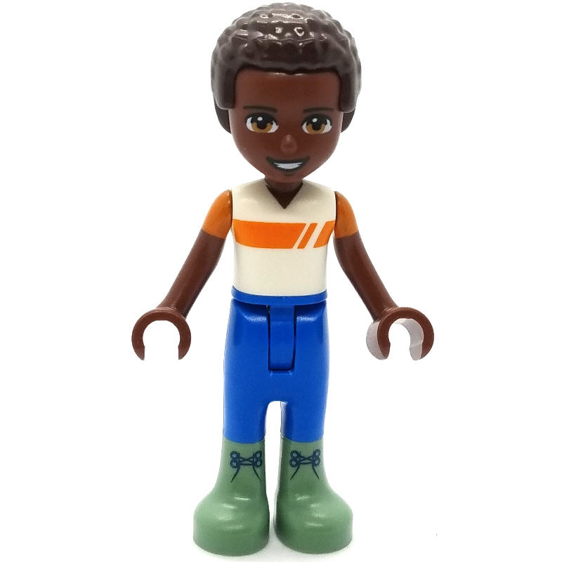 Lego Elijah - White/Orange Shirt, Blue Pants, Dark Brown Hair