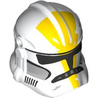 Lego Helmet Clone Trooper Phase 2, Closed Front, Holes for Visor with Black Visor, Yellow Markings print / White