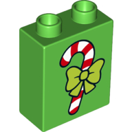 Lego Duplo Brick 1 x 2 x 2 with Bottom Tube - Candy Cane Print / Bright Green