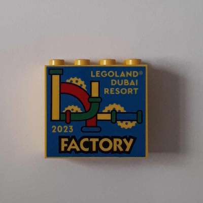 Lego Brick 2 x 4 x 3 with 'LEGOLAND DUBAI RESORT 2023 FACTORY' Print / Yellow