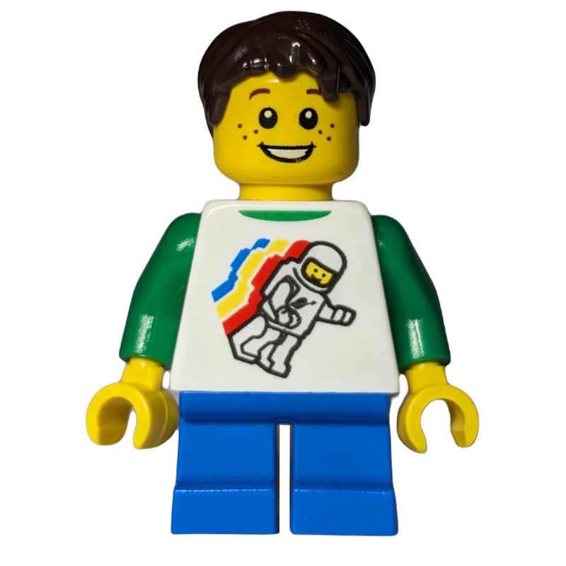 Lego Kid - White Torso, Classic Space Figure, Dark Azure Legs, Dark Brown Hair