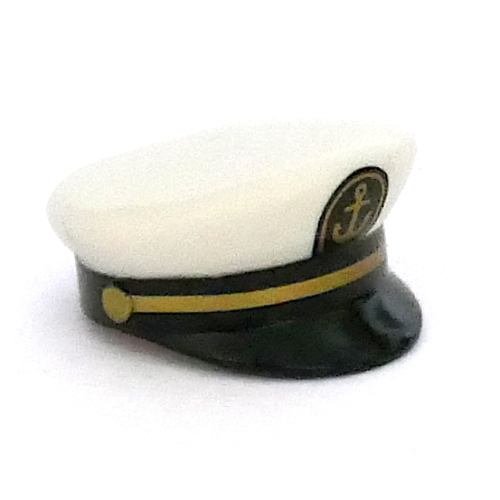 Lego Hat, Captain's Cap with Black Visor, Anchor and Gold Braid Print / White