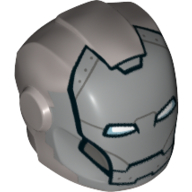 Lego Helmet with Armor Plates and Ear Protectors with Silver Face, Rivets, and White and Metallic Blue Rectangular Eyes Print (Iron Man) / Flat Silver