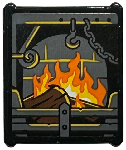 Lego Glass for Window 1 x 3 x 3 Flat Front with Dark Bluish Gray Fireplace with Hook and Chain, Yellow and Orange Flames and Reddish Brown Logs Pattern (Sticker) - Set 76428