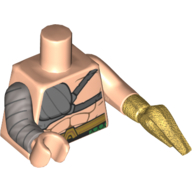 Lego Torso Bare Chest, Silver Pauldron with Dark Bluish Gray Straps, Pearl Gold Belt with Aquaman 'A' Buckle Print, Light Nougat Left Arm, Flat Silver Right Arm with Armor Print, Pearl Gold Left Harpoon, Light Nougat Right Hand / Light Nougat