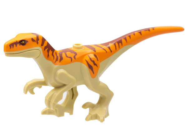 Lego Dinosaur Atrociraptor with Orange Back, Reddish Brown Stripes, and Bright Light Orange Eyes
