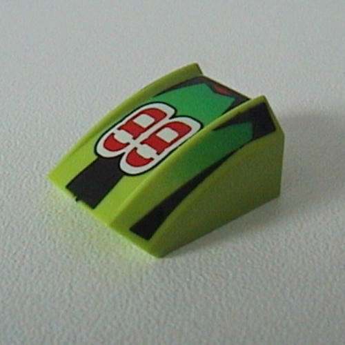 Lego Brick Curved 2 x 2 with Lip, No Studs with '88', Green Fade/Black Stripes Print / Lime