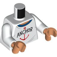 Lego Torso Shirt, Dark Azure Collar, Black 'ANCHOR', Red Anchor print, White Arms, Nougat Hands / White