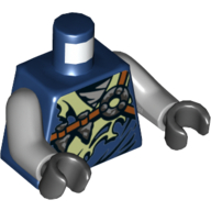 Lego Torso Robe, Tattered with Yellowish Green Trim, Cross Strap with Stone Ring Print, Light Bluish Gray Arms, Black Hands / Dark Blue