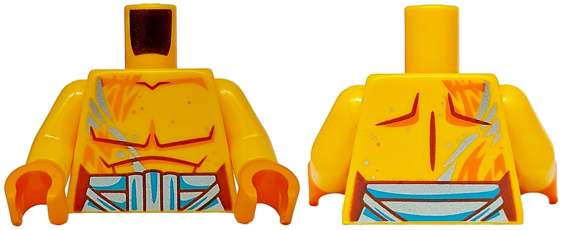 Lego Torso Bare Chest, Reddish Brown Muscles and Stomach Outline, Dark Azure and Metallic Light Blue Belt Pattern / Bright Light Orange Arms / Orange Hands