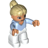 Duplo Figure with Ponytail Tan, with Bright Light Blue Top with Ruffle V-Collar - White Legs / Bright Light Blue