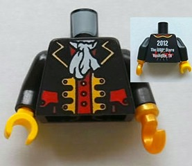 Lego Torso Pirate Captain Jacket Open with Gold Trim and Red Pockets over Red Shirt, White Ascot, 2012 The LEGO Store Nashville, TN Back Pattern / Black Arms / Pearl Gold Hook Left / Yellow Hand Right