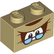 Lego Brick 1 x 2 with Small Eyes, Reddish Brown Shadowing, and Glasses Print / Tan