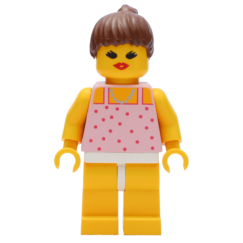 Lego Woman, Pink Top with Spots, Yellow Legs, Brown Hair - Open Mouth