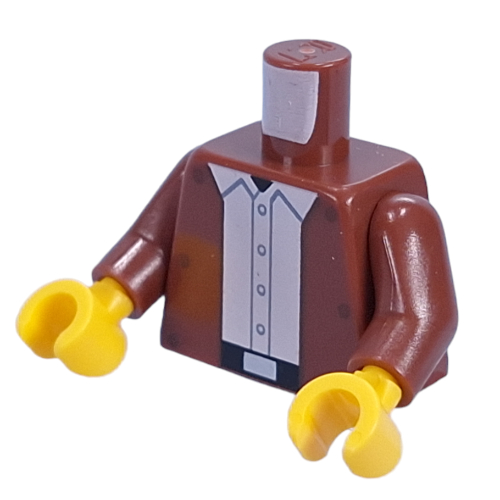 Lego Torso, Jacket, White Shirt, Buttons, Black Belt, Silver Belt Buckle, Hatch on Back print, Reddish Brown Arms, Yellow Hands / Reddish Brown