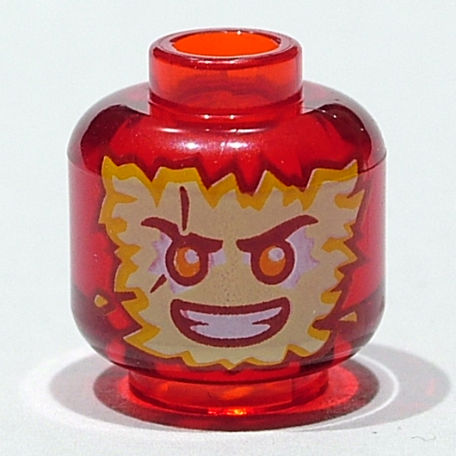 Lego Minifig Head Kai, Yellow Flames, Grin, Red Eyes print [Vented Stud - 2 Holes] / Trans-Red