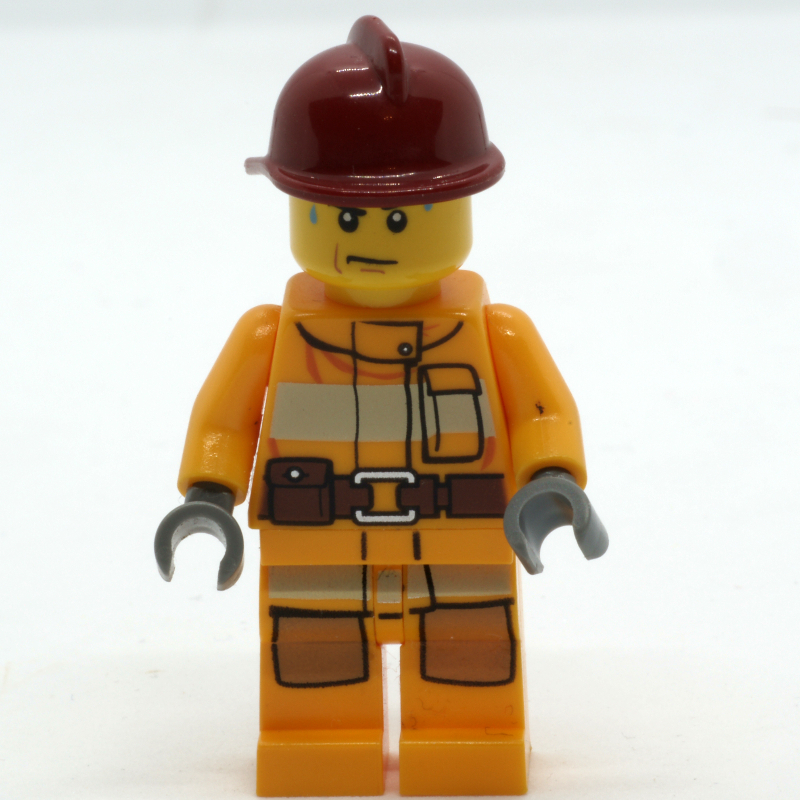 Lego Fireman, Bright Light Orange Fire Suit, Dark Red Helmet, Sweat Drops