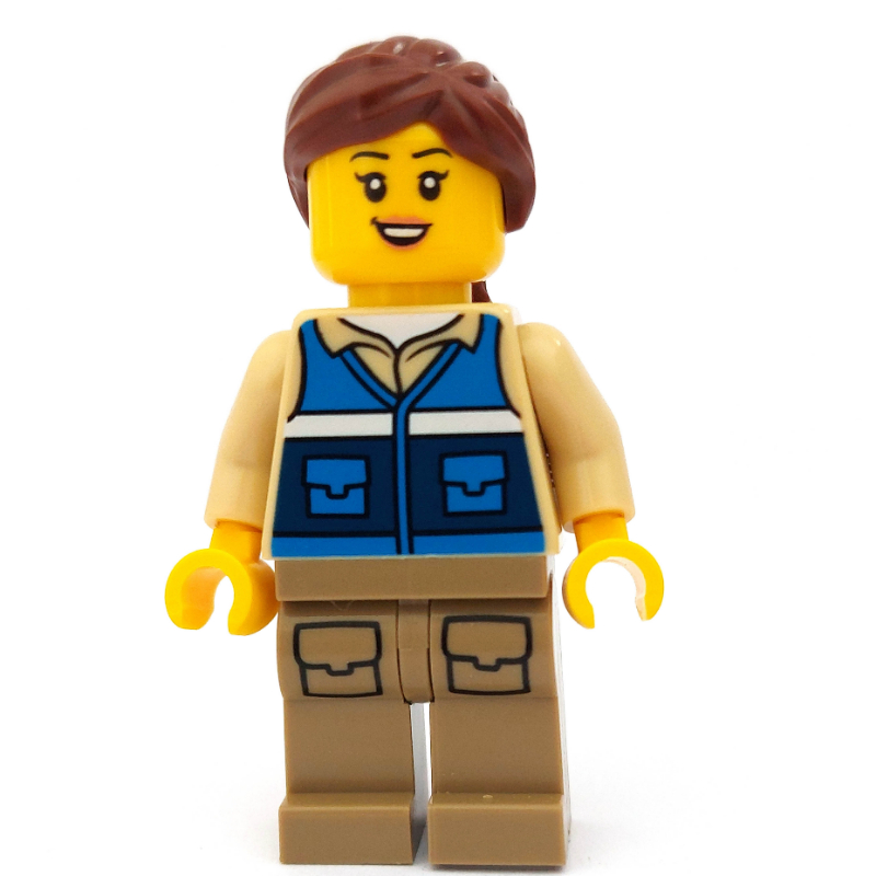 Lego Woman, Blue Vest, Reddish Brown Ponytail Hair