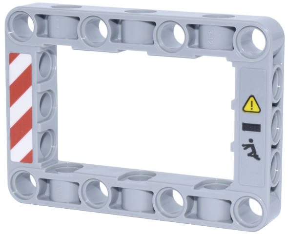 Lego Technic, Liftarm, Modified Frame Thick 5 x 7 Open Center with Red and White Danger Stripes and Black Exclamation Mark in Yellow Danger Triangle Pattern Model Left Side (Stickers) - Set 42146