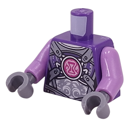 Lego Torso, Silver Armor, Straps, Magenta Hourglass on Bright Pink Circle print, Lavender Arms, Dark Bluish Gray Hands / Dark Purple
