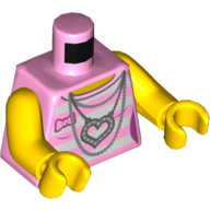 Lego Torso Shirt with White and Bright Pink Stripes, Necklace, Heart Pendant with Back Print, Yellow Arms and Hands / Bright Pink