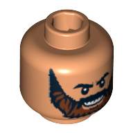 Lego Minifig Head Temple Guard, Beard Brown Full with Black Knit Eyebrows and Grin with Teeth Print [Blocked Open Stud] / Nougat