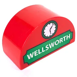 Duplo Brick 2 x 4 x 2 Curved Top with 'WELLSWORTH' and Clock Print / Red