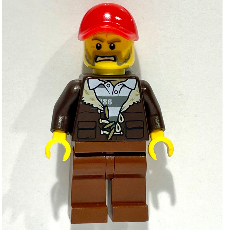 Lego Criminal, Open Dark Brown Jacket over Prison Shirt, Red Cap, Beard