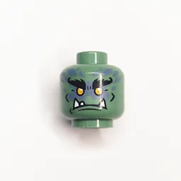 Minifig Head Murt / Moe, Bushy Eyebrows, Yellow Eyes, 3 Pointed Teeth, and Sand Blue Spots on Back Print / Sand Green