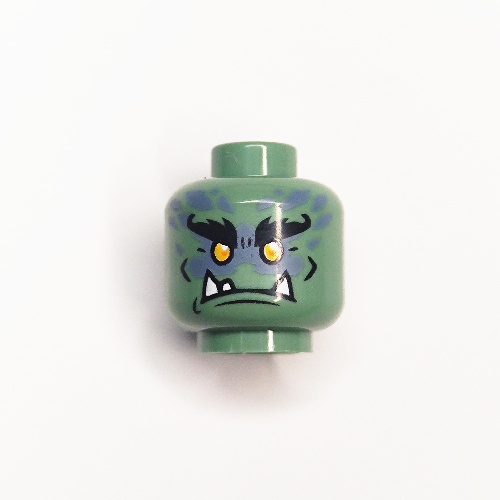 Lego Minifig Head Murt / Moe, Bushy Eyebrows, Yellow Eyes, 3 Pointed Teeth, and Sand Blue Spots on Back Print / Sand Green