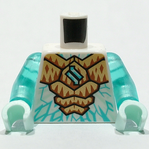 Lego Torso Armor, Gold and Orange Plates, Dark Turquoise Ice Markings print, Trans-Light Blue Arms, Light Aqua Hands / White