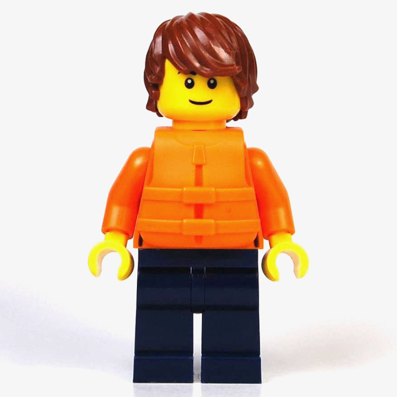 Lego Just Jason, Orange Torso, Dark Blue Legs, Reddish Brown Hair, Orange Life Vest