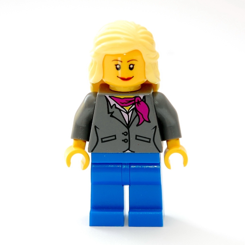 Lego Woman, Dark Bluish Gray Jacket with Magenta Scarf, Blue Legs, Bright Light Yellow Hair