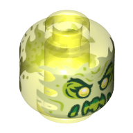 Lego Minifig Head Ghost, Yellowish Green Face, Slime Mouth, Raised Eyebrows, Flames in Back [Hollow Stud] / Trans-Neon Green