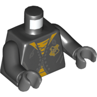Lego Torso Robe with Laces, Yellow Undershirt, Hogwarts Crest Print, Black Arms, Dark Bluish Gray Hands / Black
