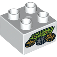 Lego Duplo Brick 2 x 2 with Money Print / White