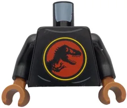 Torso Shirt with Dark Bluish Gray Creases and Red and Yellow Jurassic Park Logo Pattern / Black Arms / Sienna Hands