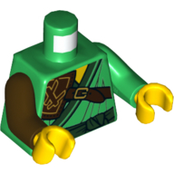 Lego Torso, Odd Arms, Robe, Dark Green Trim, Reddish Brown Strap and Shoulder Armour Print, Left Green Arm, Right Dark Brown Arm, Yellow Hands / Green