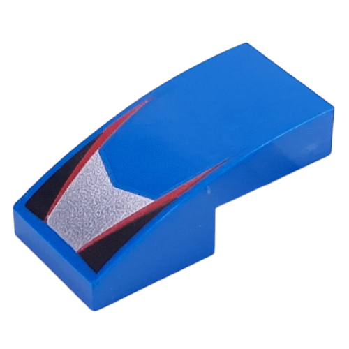 Lego Brick Curved 2 x 1 No Studs with Red Stripes, Black Triangles, Silver Shape print / Blue