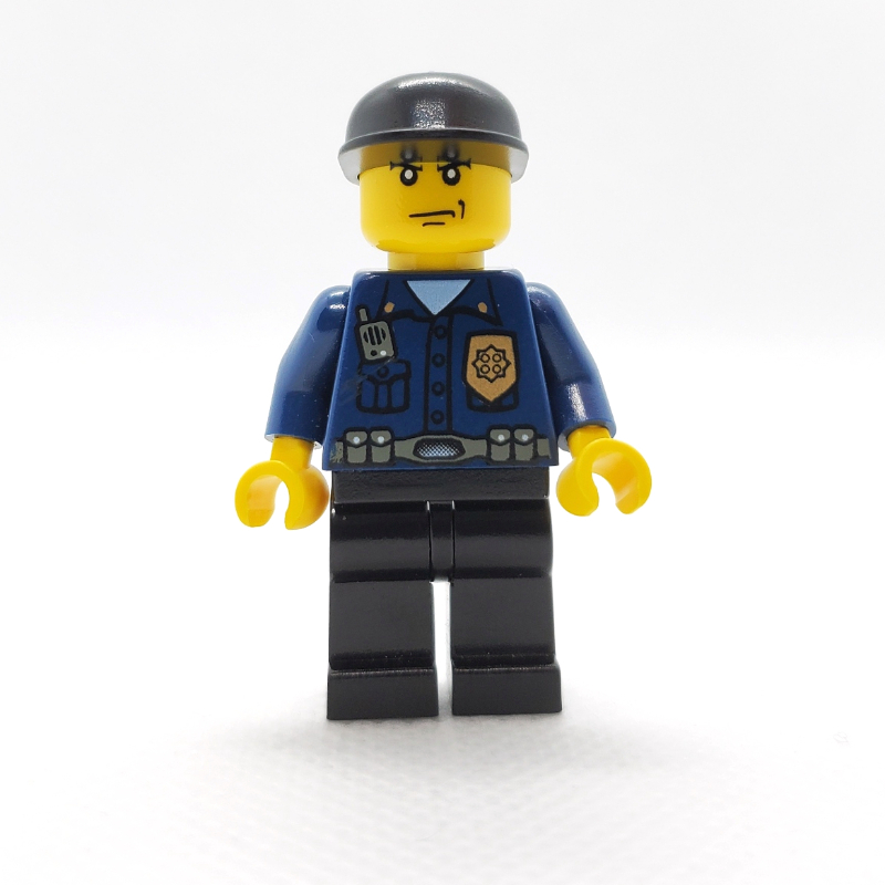 Lego Policeman, Dark Blue Shirt with Radio and Badge, Black Legs, Black Cap
