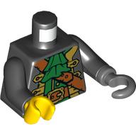 Lego Torso Pirate Captain Jacket, Green Ascot, Reddish Brown Shoulder Strap and Belt Print, Black Arms, Yellow Hand Right, Dark Bluish Gray Hook Left / Black