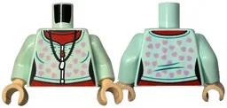 Torso Female Cardigan Sweater Closed with Bright Pink Hearts and Silver Zipper over Red Shirt, Black Pendant Necklace Pattern / Light Aqua Arms / Light Nougat Hands