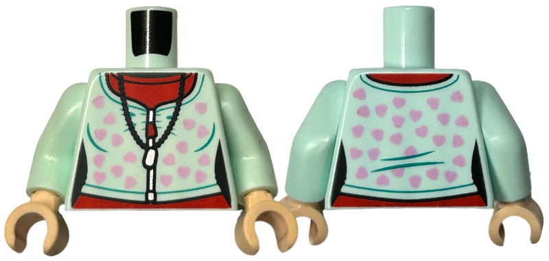 Lego Torso Female Cardigan Sweater Closed with Bright Pink Hearts and Silver Zipper over Red Shirt, Black Pendant Necklace Pattern / Light Aqua Arms / Light Nougat Hands